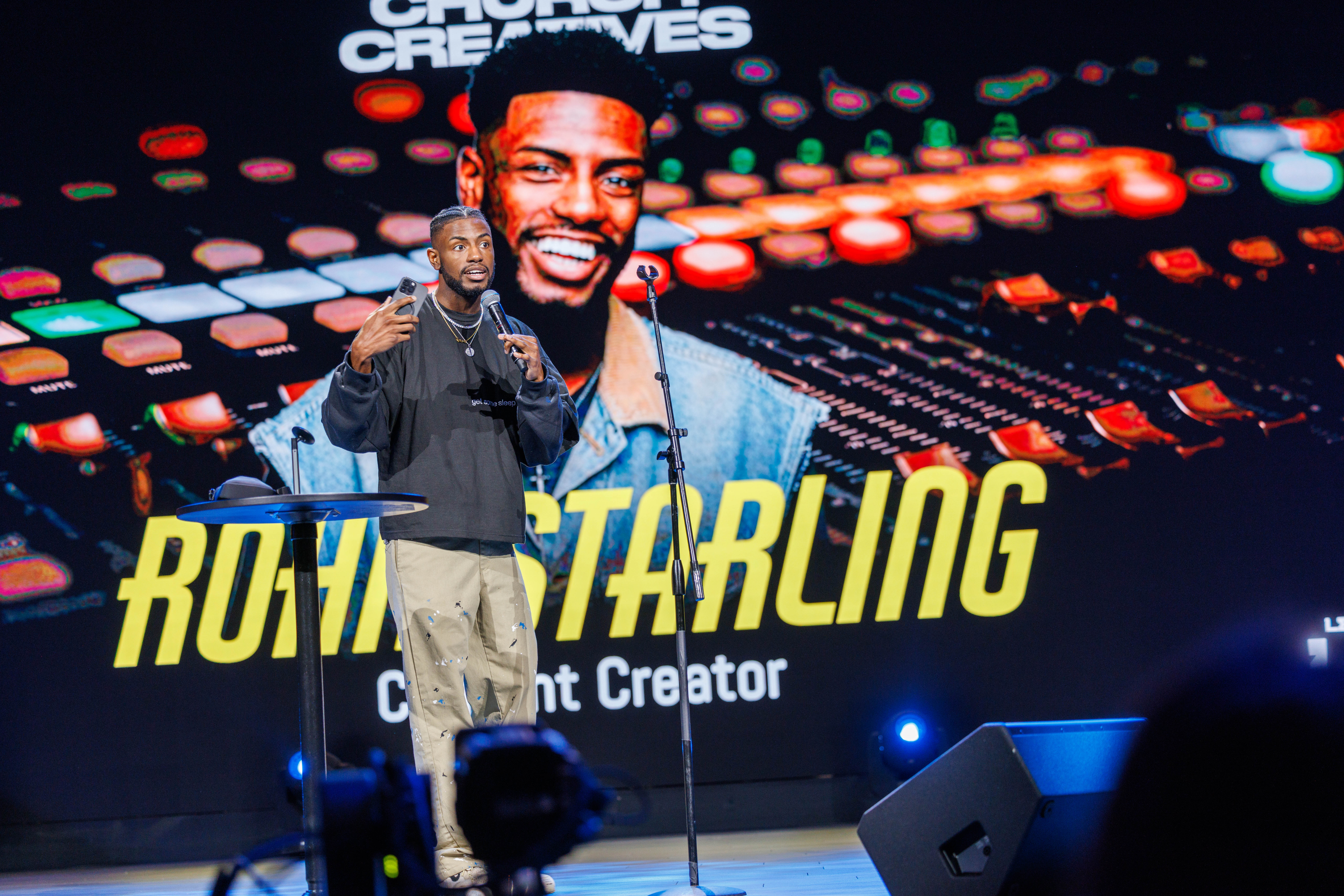 A content creator teaching from the Let’s Talk Production stage