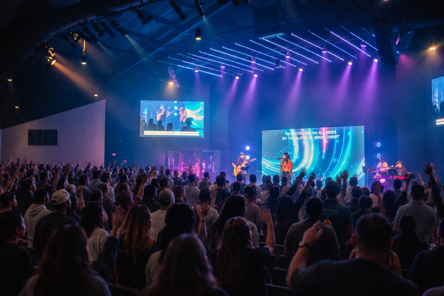 A full room worshiping together at Let’s Talk Production
